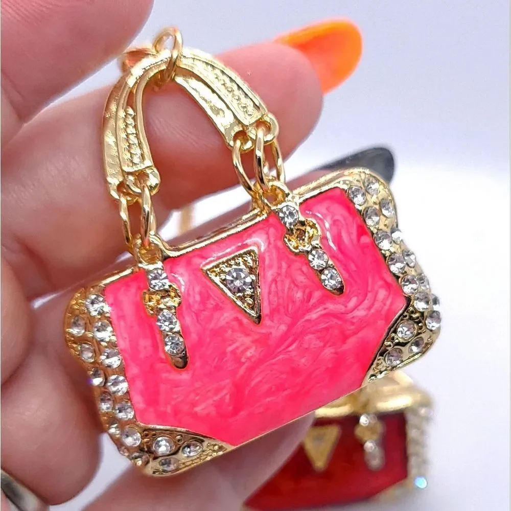 Pink Mini Handbag Bag Clip Purse Charm Rhinestone Pearlized Enamel Gold Keychain